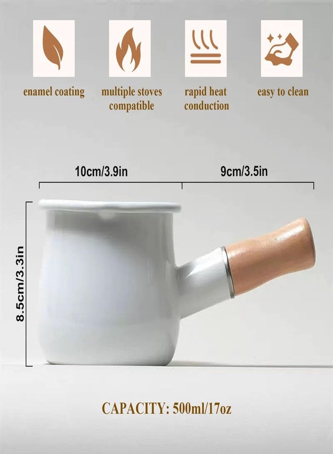 JWTIFOA Enamel Milk Pot 17oz Butter Warmer Small Sauce Pan with Spouts Butter Melting Pot, Wooden Handle, White - Image 2